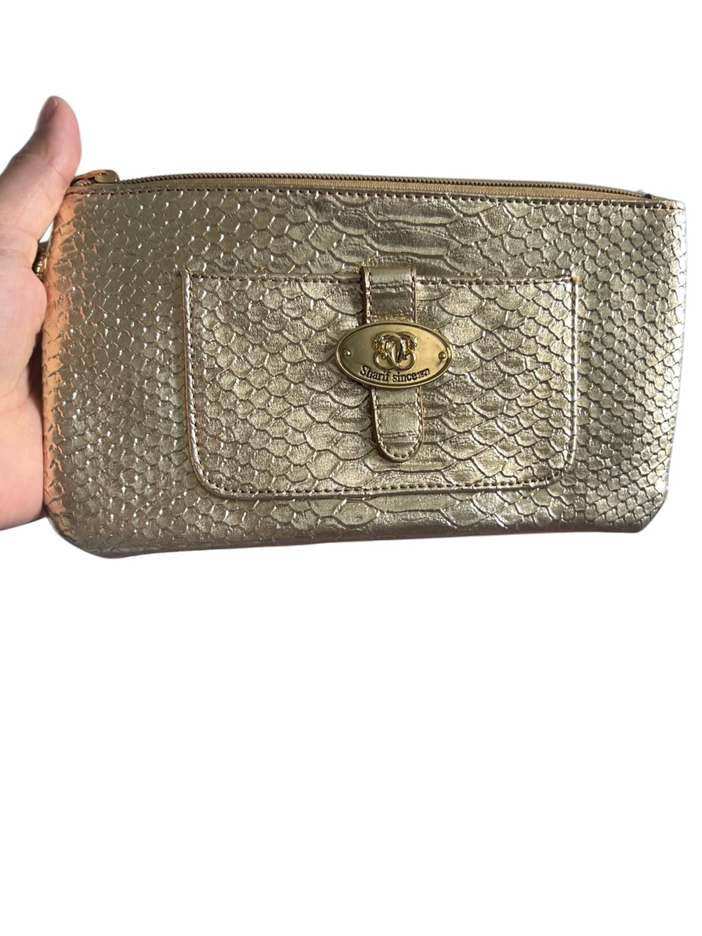 Sharif metallic snakeskin-embossed zip wristlet